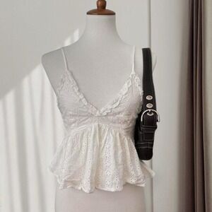 Ava White Floral Eyelet Babydoll Cami Top Ruffle V-Neck Peplum Tank Size 8